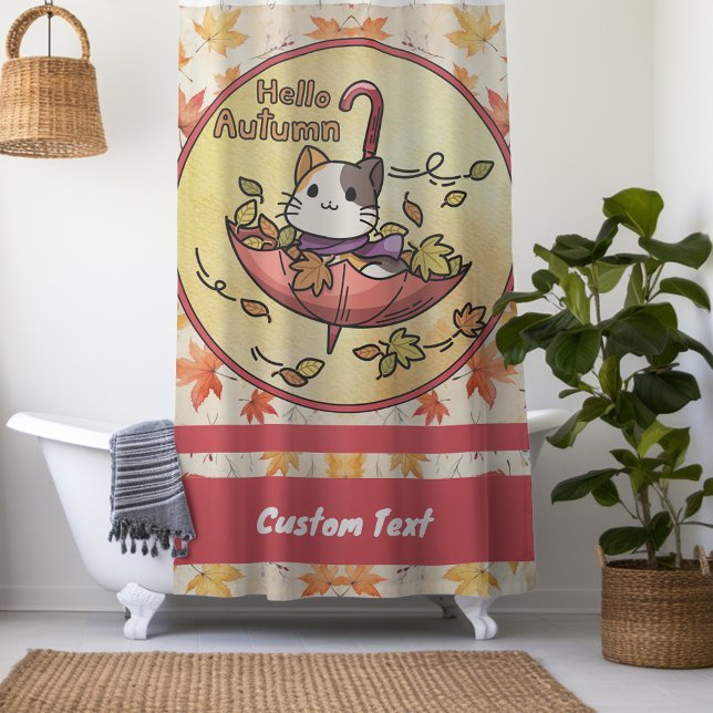 Hello Autumn, Cute Cat Sits in Umbrella  Shower Curtain (Creator Uploaded)