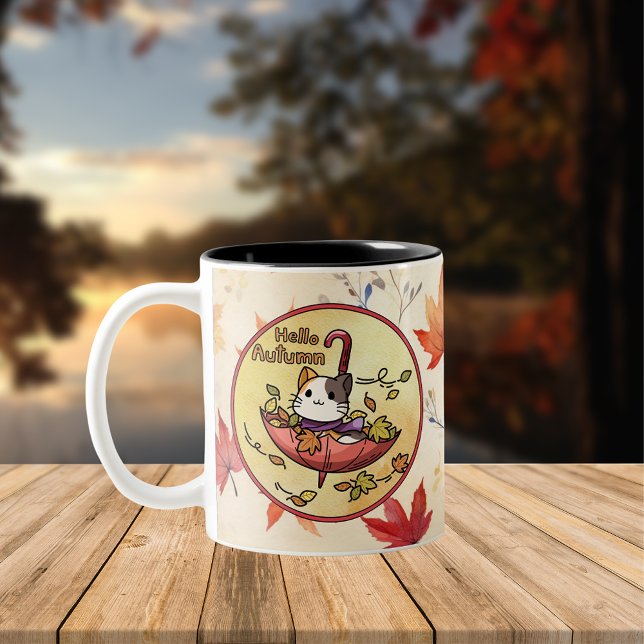 Hello Autumn, Cute Cat Sits in Umbrella  Two-Tone Coffee Mug (Creator Uploaded)