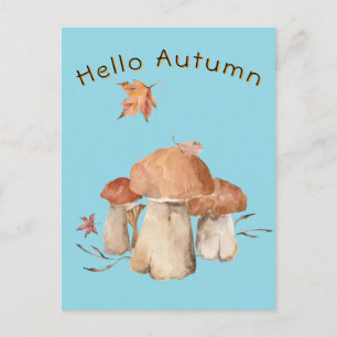 Hello Autumn Dry Leaf Mushroom Watercolor Postcard