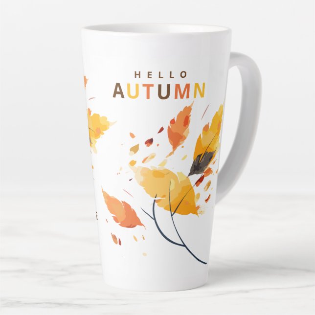 Hello Autumn Fall In Love Watercolor Leaves Latte Mug (Right Angle)