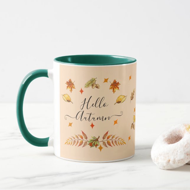 Hello Autumn Fall Leaves and Pine Mug (With Donut)