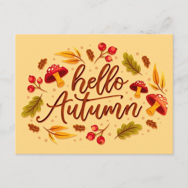 Hello Autumn Fall Mushroom Autumn Colour Leaves Postcard (Front)