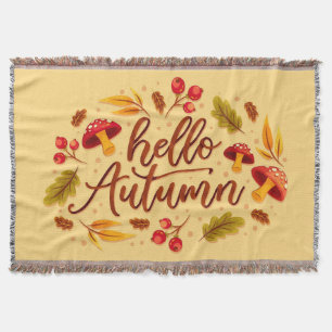 Hello Autumn Fall Mushroom Autumn Colour Leaves Throw Blanket