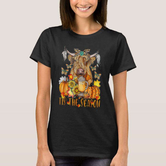 Hello Autumn Fall Tis The Season Highland Cow Pump T-Shirt (Front)