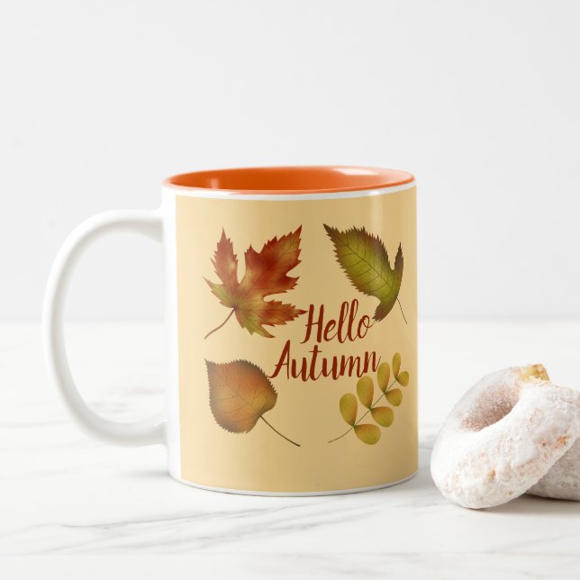 Hello Autumn golden leaves custom text Two-Tone Coffee Mug (With Donut)