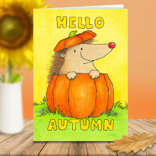Hello Autumn Hedgehog in Pumpkin Greeting Card