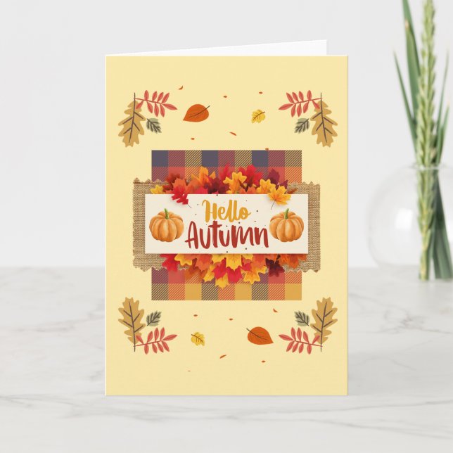 Hello Autumn Leaves and Plaid Greeting Card (Front)