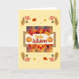 Hello Autumn Leaves and Plaid Greeting Card