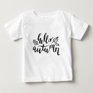 Hello Autumn Leaves Black and White Calligraphy Baby T-Shirt