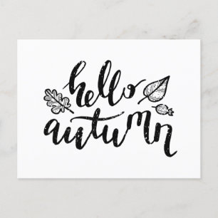 Hello Autumn Leaves Black and White Calligraphy Holiday Postcard