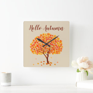 Hello Autumn Maple Tree Square Wall Clock