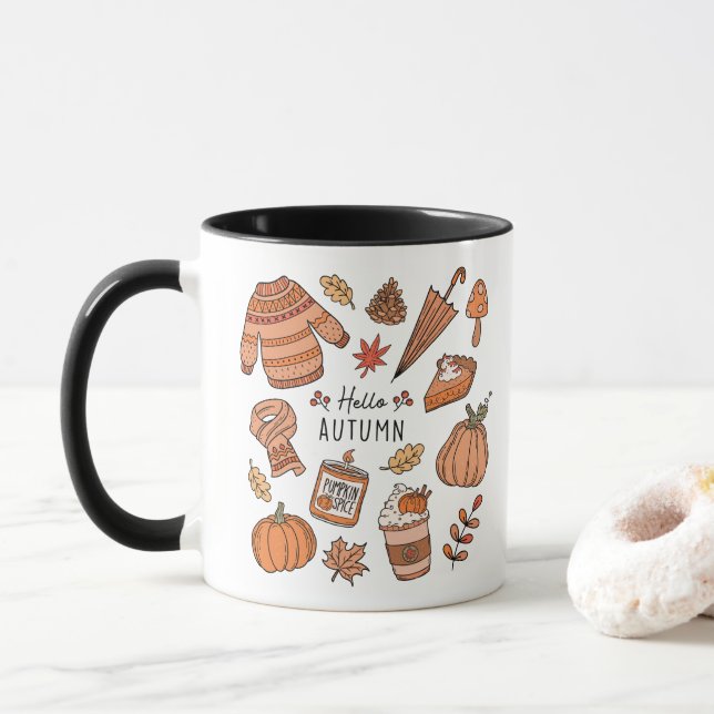 Hello Autumn Mug, Fall Vibes Mug, Retro Doodle Mug (With Donut)