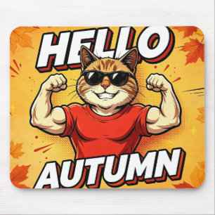 Hello Autumn Muscle Cat Funny Fall Season Mouse Pa Mat