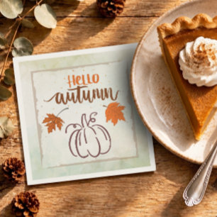 Hello Autumn Pumpkin Rustic Fall Foliage Paper Napkin