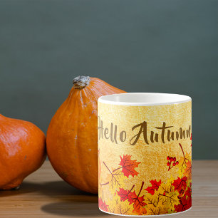 Hello Autumn Rustic Red Orange Leaves Old Paper Coffee Mug