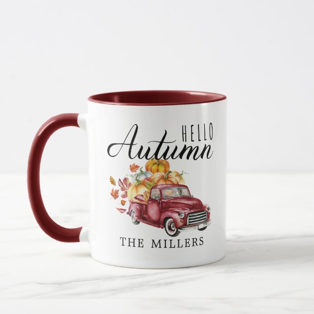Hello Autumn | Vintage Harvest Truck Personalised Mug (Left)
