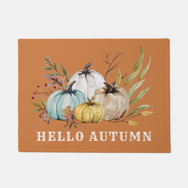 Hello Autumn Watercolor Pumpkins Rust Orange Doormat (Front)