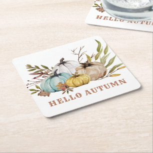 Hello Autumn Watercolor Pumpkins Square Paper Coaster