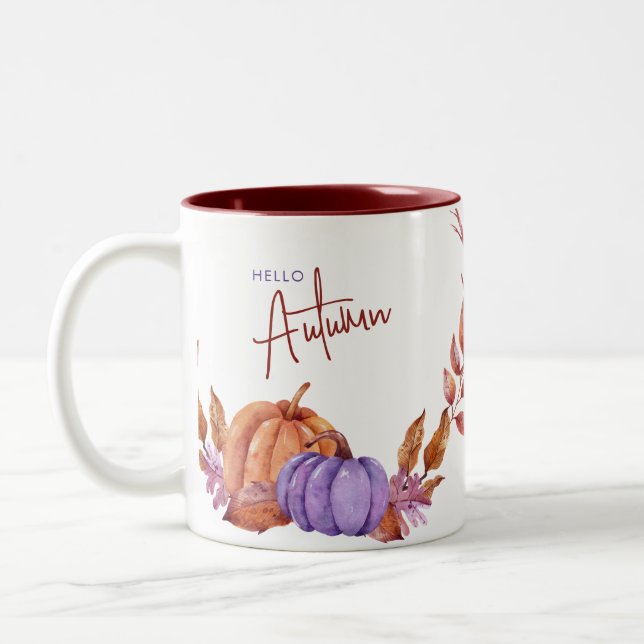 Hello Autumn Watercolor Pumpkins Two-Tone Coffee Mug (Left)