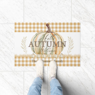 Hello Autumn White Pumpkin Gingham Plaid Name Doormat