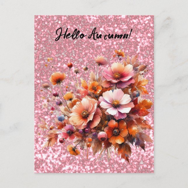 Hello Autumn Wild Rose Gold Glitter Flowers Postcard (Front)
