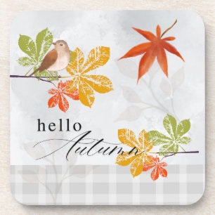 Hello Autumn with Bird and Fall Leaves Coaster