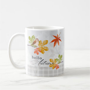 Hello Autumn with Bird and Fall Leaves Coffee Mug