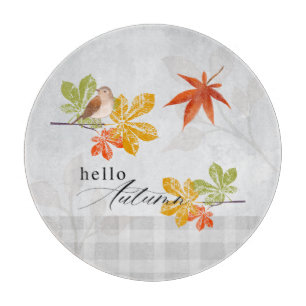 Hello Autumn with Bird and Fall Leaves Cutting Board