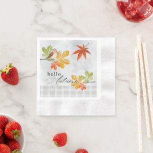 Hello Autumn with Bird and Fall Leaves Napkin
