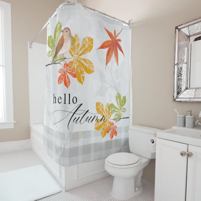 Hello Autumn with Bird and Fall Leaves Shower Curtain (In Situ)