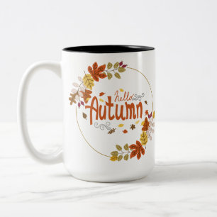 Hello Autumn with Leaf Design Two-Tone Coffee Mug