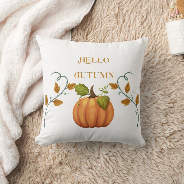 Hello Autumn with Pumpkin orange text and image  Cushion (Blanket)