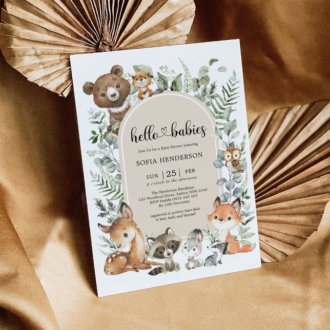 Hello Babies Boho Woodland Twin Baby Shower Invitation (Creator Uploaded)