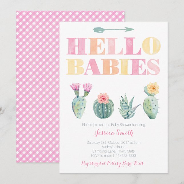 Hello Babies! Colourful Cactus Twins Baby Shower Invitation (Front/Back)
