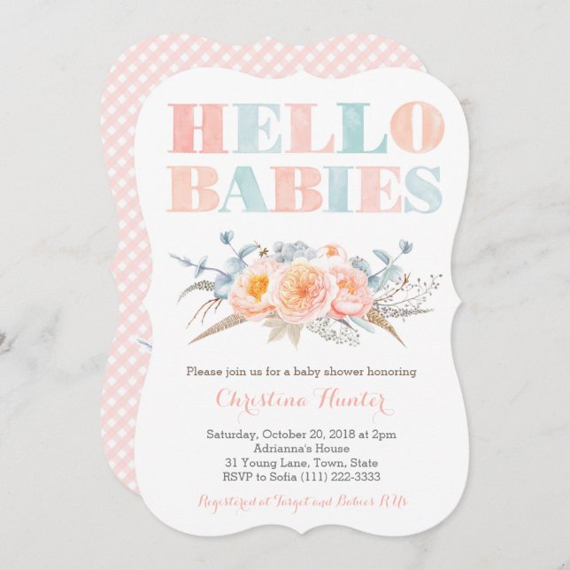 HELLO BABIES Peach Twins Baby Shower or Sip See Invitation (Front/Back)