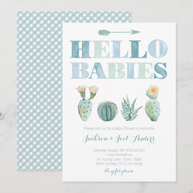 Hello Babies Twin Boys Cactus Baby Shower Party Invitation (Front/Back)