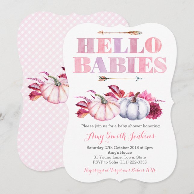 Hello Babies! Twin Girls Pumpkin Baby Shower Party Invitation (Front/Back)