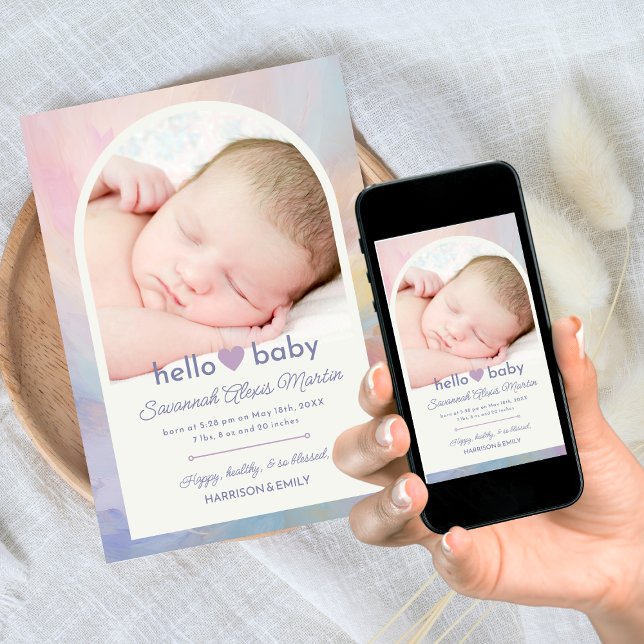 Hello Baby Arch Photo Collage Girls Birth Announcement (Creator Uploaded)