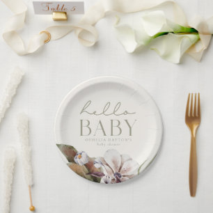 HELLO BABY   Autumn Botanical Sage and Ivory Paper Plate