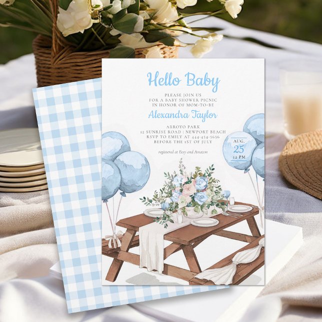 Hello Baby Balloons Picnic Park Boy Baby Shower Invitation (picnic boy baby shower invitation park summer watercolor balloons cute fun casual classy)
