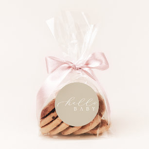 Hello Baby Beige Minimalist Script Baby Shower Classic Round Sticker