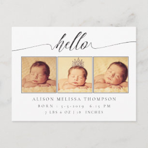Hello Baby Birth Announcement 3 Photo Postcard