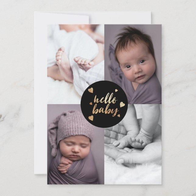 Hello Baby Black Gold Photo Collage Birth Announcement (Front)