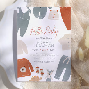 Hello Baby Blue Boho Clothes Boy Baby Shower Invitation