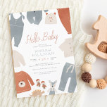 Hello Baby | Blue Boho Clothes Boy Baby Shower Invitation<br><div class="desc">A cute, modern baby shower invitation with "Hello Baby" in terracotta script lettering and your shower details in simple typography. Decorating the edge of this design, there are boho baby clothes in a neutral pastel blue, cream, and rust orange colour scheme. The clothes include overalls, a romper, pants, a beanie,...</div>