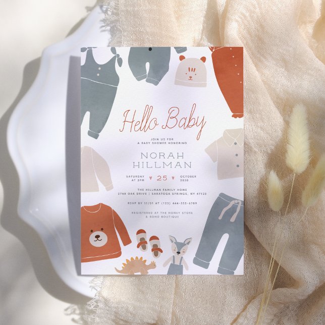 Hello Baby | Blue Boho Clothes Boy Baby Shower Invitation (Creator Uploaded)