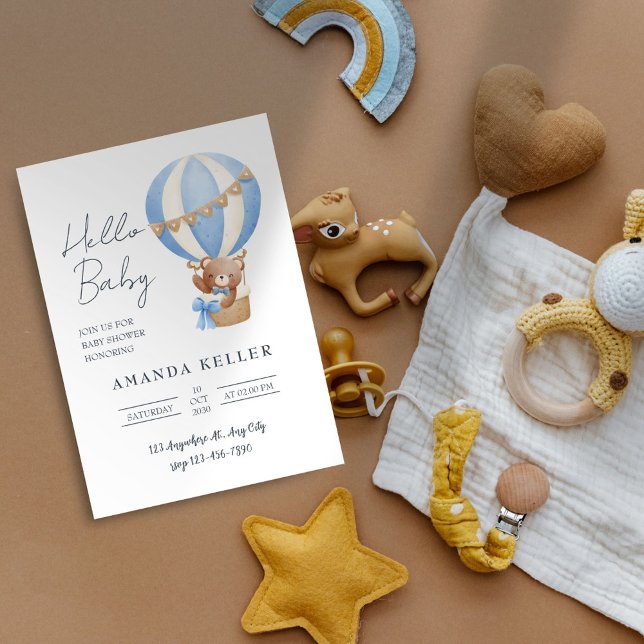 Hello Baby Blue Hot Air Balloon Baby Shower Invitation (Creator Uploaded)