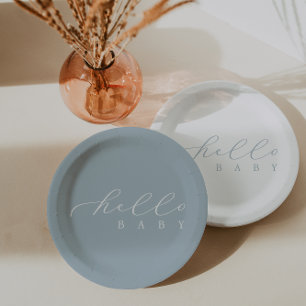 Hello Baby Blue Script Minimalist Baby Shower Paper Plate