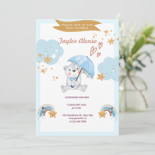 Hello Baby   Blue Teddy Bear Baby Shower Invitation