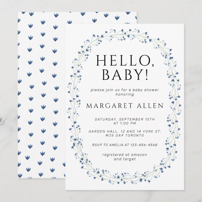 Hello Baby Blue Wildflower Botanical Baby Shower Invitation (Front/Back)